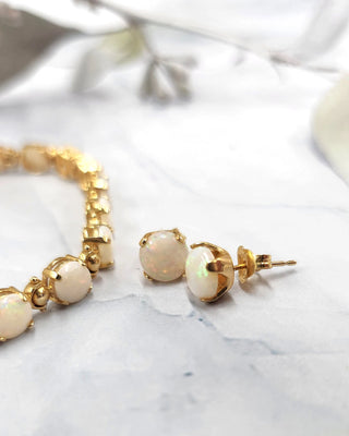 Vintage 14K Gold White Opal Bracelet and Stud Earrings Set