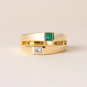 Vintage Emerald and Diamond Princess Cut Toi Et Moi Euro Shank 18k Gold Ring