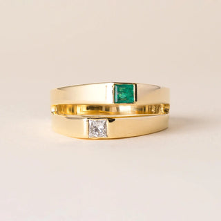 Vintage Emerald and Diamond Princess Cut Toi Et Moi Euro Shank 18k Gold Ring