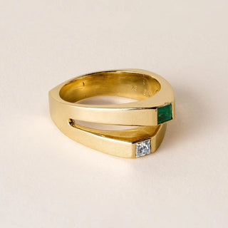 Vintage Emerald and Diamond Princess Cut Toi Et Moi Euro Shank 18k Gold Ring
