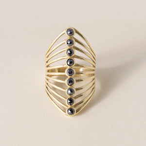 18K Gold Rose Cut Black Diamond Bezel Set Elongated Ring