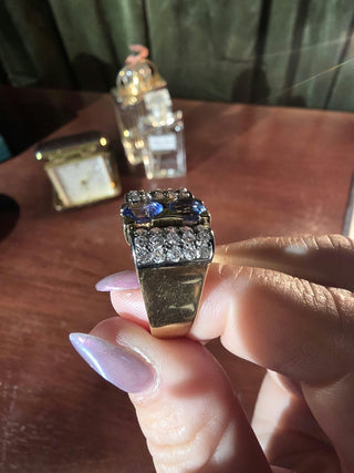 Retro 1940s 18K Gold 2.56 Carat Sapphire Old Mine Diamond Pave Tank Ring