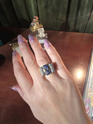 Retro 1940s 18K Gold 2.56 Carat Sapphire Old Mine Diamond Pave Tank Ring