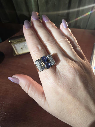 Retro 1940s 18K Gold 2.56 Carat Sapphire Old Mine Diamond Pave Tank Ring