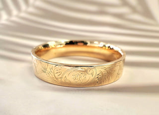 14K Gold Antique 1915 Wide Hand Engraved Bangle