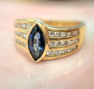 14K Yellow Gold Blue Sapphire Marquise European Shank Diamond Ring Band