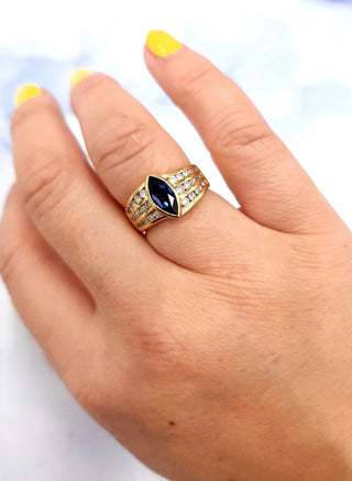 14K Yellow Gold Blue Sapphire Marquise European Shank Diamond Ring Band