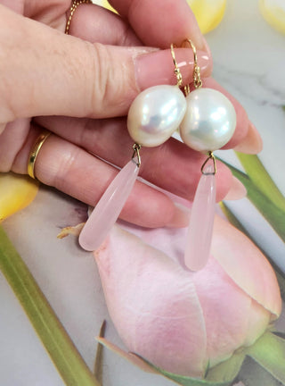 14K Yellow Gold Pearl and Pink Quartz Drop Earrings