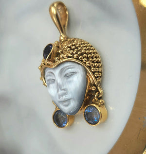 18K Yellow Gold Sajen Bali Goddess Carved Mother of Pearl, Sapphire Pendant