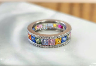 14K Gold Multi-Color Sapphire Princess Cut and Diamond  Eternity Ring Band