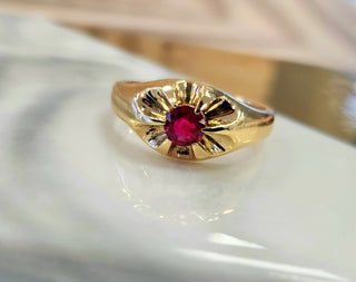 Vintage Burma Ruby Gypsy Ring - Size 9.25 14K Yellow Gold