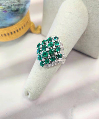 Vintage 2.02 Carats Emerald and Diamond Cluster Platinum Cocktail Ring Size 6