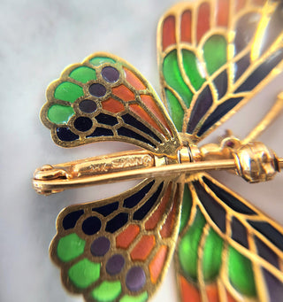 18K Yellow Gold Articulated Butterfly Brooch with Color Applique Made in Spain