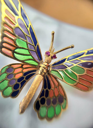 18K Yellow Gold Articulated Butterfly Brooch with Color Applique Made in Spain