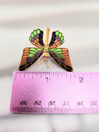 18K Yellow Gold Articulated Butterfly Brooch with Color Applique Made in Spain