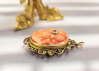 Art Deco 14K Carved Coral Cameo Portrait with Old European Cut diamond Brooch