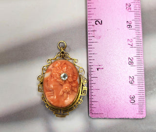 Art Deco 14K Carved Coral Cameo Portrait with Old European Cut diamond Brooch