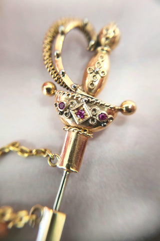 18K Gold Edwardian Sword Brooch Pin with Coral Gemstones