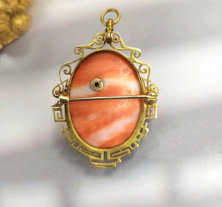 Art Deco 14K Carved Coral Cameo Portrait with Old European Cut diamond Brooch
