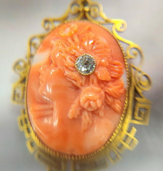 Art Deco 14K Carved Coral Cameo Portrait with Old European Cut diamond Brooch