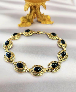 14K Yellow Gold Onyx Greek Pattern Bezel Set Chain Link Bracelet