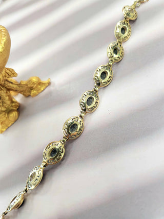 14K Yellow Gold Onyx Greek Pattern Bezel Set Chain Link Bracelet