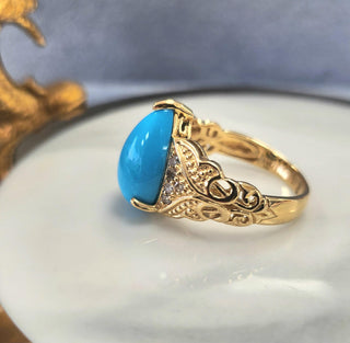 Sleeping Beauty Turquoise Pear Cabachon & Diamond Ring 14K Yellow Gold Filigree