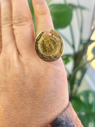 Vintage 14K Yellow Gold Venezuelan Coin Horseshoe Ring