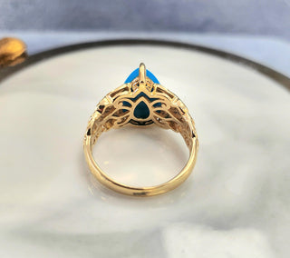 Sleeping Beauty Turquoise Pear Cabachon & Diamond Ring 14K Yellow Gold Filigree