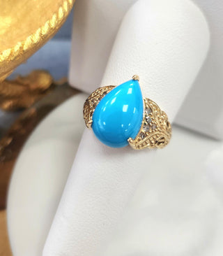 Sleeping Beauty Turquoise Pear Cabachon & Diamond Ring 14K Yellow Gold Filigree