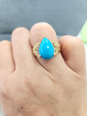 Sleeping Beauty Turquoise Pear Cabachon & Diamond Ring 14K Yellow Gold Filigree