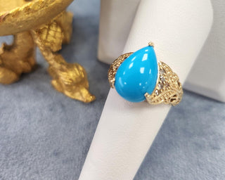 Sleeping Beauty Turquoise Pear Cabachon & Diamond Ring 14K Yellow Gold Filigree