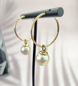 Vintage 18K/14K Gold South Sea Pearl Hoop Dangle Earrings