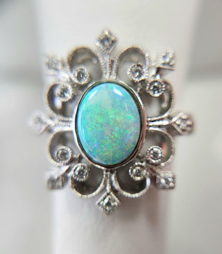 18K White Gold Australian Opal & Diamond Filigree Ring Filigree