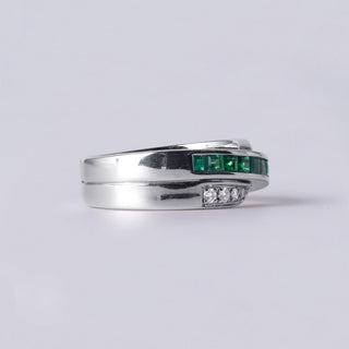 Vintage 1.05 CTW Emerald Princess Cut and Diamond Crossover Band 18K White Gold