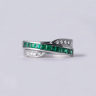 Vintage 1.05 CTW Emerald Princess Cut and Diamond Crossover Band 18K White Gold