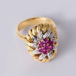 Italian Vintage Gold Pink Sapphire & Diamond Ring  18K Two-Tone Gold