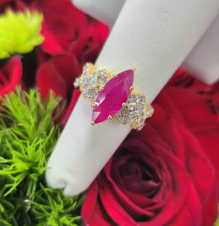 Vintage 2.53 Carat Elongated Ruby Marquise  and Diamond Ring 18K Yellow Gold