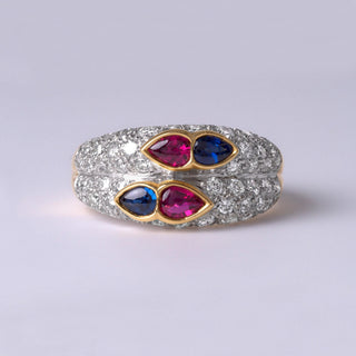 Ruby and Sapphire Pear shape Cabochon and Double Row Pave Diamond Ring Band, 18K