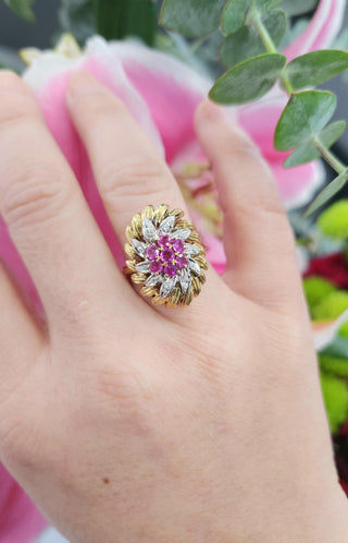 Italian Vintage Gold Pink Sapphire & Diamond Ring  18K Two-Tone Gold