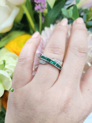 Vintage 1.05 CTW Emerald Princess Cut and Diamond Crossover Band 18K White Gold