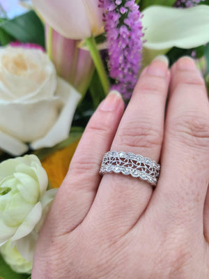 Estate 0.64 Carat Ornate Filigree Diamond Pavé Set Wide Band 18K White Gold