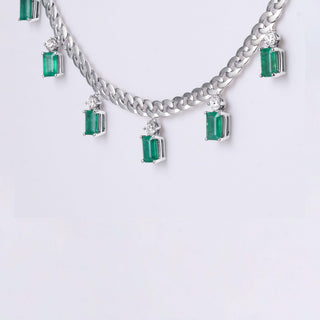 Emerald and Diamond Dangle Necklace on 18k White Gold Cuban Link Chain