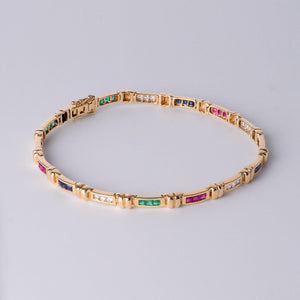 2.65 Carats Ruby Emerald Sapphire and Diamond Channel Set Thin 14K Bracelet