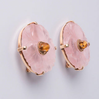 Vintage Floral Carved Rose Quartz & Citrine Clip-On Earrings in 14K Yellow Gold