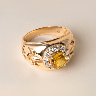Fleur de Lis 2 Carat Yellow Sapphire Diamond Halo Statement Ring 14K Yellow Gold