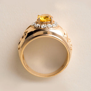 Fleur de Lis 2 Carat Yellow Sapphire Diamond Halo Statement Ring 14K Yellow Gold