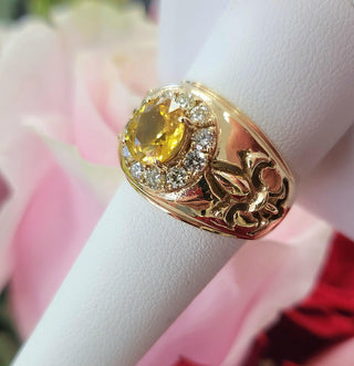Fleur de Lis 2 Carat Yellow Sapphire Diamond Halo Statement Ring 14K Yellow Gold