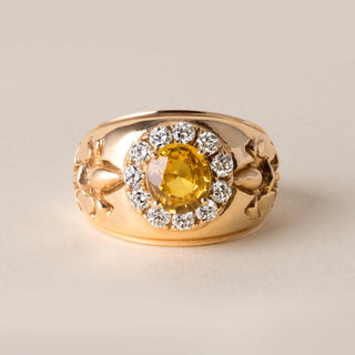Fleur de Lis 2 Carat Yellow Sapphire Diamond Halo Statement Ring 14K Yellow Gold