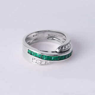 Vintage 1.05 CTW Emerald Princess Cut and Diamond Crossover Band 18K White Gold